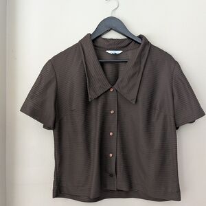True 60s Vintage | Judy Bond | Brown Textured Blouse | Mod Collar | Vtg Crop Top